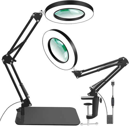 Lighted Magnifying Glass with Light and Stand, 12X Magnifier with Light Hands Free, 5 Color Modes LED Work Lighted, 2-in-1 Magnifying Lamp for Reading Craft Hobby Painting Sewing Close Work
