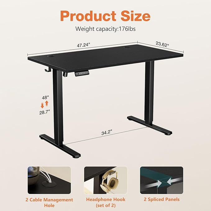 Sweetcrispy Electric Standing Desk Adjustable Height, 48x24 Inch Sit Stand Up Home Office Desks Computer Workstation PC Work Table with 3 Memory Preset Splice Wood Board Metal Frame, Black