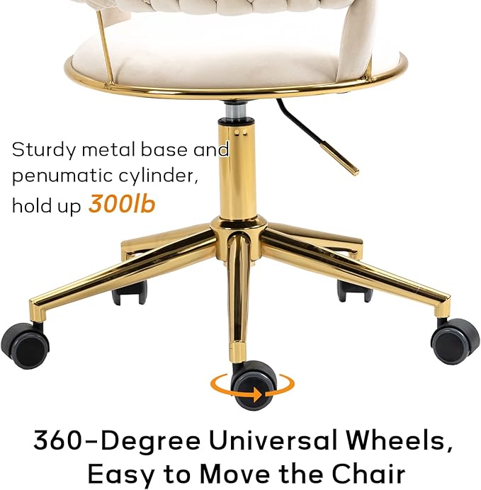 NIOIIKIT Velvet Office Desk Chair with Hand Woven Backrest, 360° Swivel & Height Adjustable Task Chairs, Makeup Chair, Living Room Chairs with Stainless Base and 5 Wheels (Ivory)