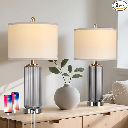 Table Lamps Set of 2 with Touch Control, 3-Way Dimmable Nightstand Lamp with Vertical Grained Glass, Grey Bedside Table Lamps, 27" Modern Glass Bedside Lamps with USB A+C Ports, Desk Lamp for Bedroom