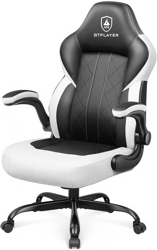 GTPLAYER Video Gaming Chair,Ergonomic Gaming Chair with Flip-Up Armrests,Comfortable Desk Chair with Adjustable Height,Computer Chair with Built-in Lumbar Support, Recliner with 360° Swivel (White)