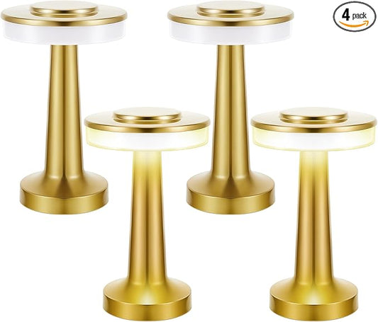 Riakrum Set of 2 LED Portable Cordless Table Lamp with Touch Sensor 3 Color Stepless Dimming Rechargeable Battery up to 15 Hours Cordless Table Light Wireless Lamp for Nursery(Gold,4 Pcs)