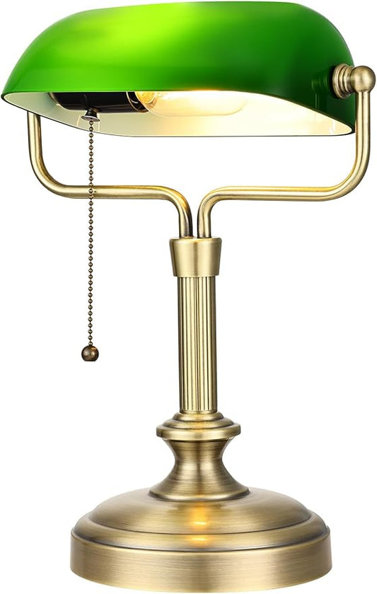 Traditional Banker's Desk Lamp with Glass Shade,Pull Chain Switch, LED Bulb Included (Antique Bronze+Green)