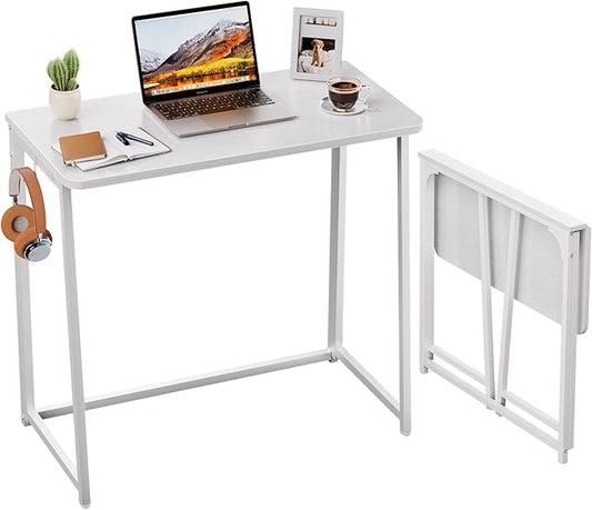 WOHOMO Folding Desk, 31.5" Small Desk for Small Spaces, Easy Assemble Foldable Computer Desk for Laptop, Mini Portable Working Table Narrow Wooden Writing Workstation for Home Office, White