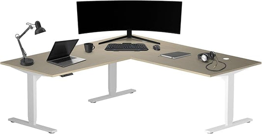 Progressive Desk Height Adjustable Electric Standing Desk - L Shaped 72" x 72" Computer Stand Up Rising Workstation Corner Table - White Frame, Bright Beech Top