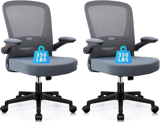 CLATINA Desk Chairs with Wheels, Ergonomic Rolling Mesh Office Chair Adjustable Height and Lumbar Support Home Office Computer Chair with Flip Up Armrests, Grey 2PK