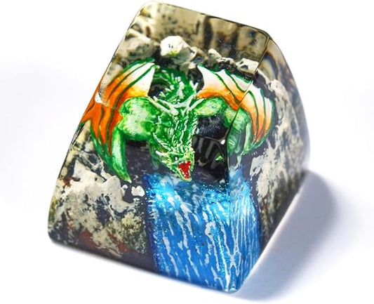 Green Dragon with Waterfall Artisan Keycap R1 SA Profile Custom Fantasy Dragon Keycaps 1U ESC Handmade Gaming Resin Key Cap Cherry MX Switch Compatible Mechanical Keyboard Gift for Dragon Lover
