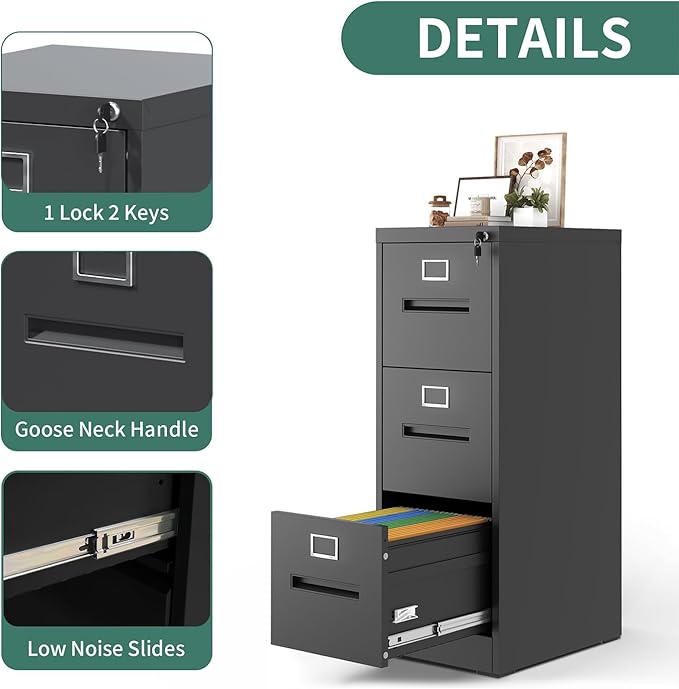 3 Drawer Vertical File Cabinet Home Office Metal Filing Cabinet, D17.7 Locking File Cabinets with Keys, Anti-Tilt Design, Steel Drawer Cabinet for A4/Legal/Letter,Need Assemble (Black)