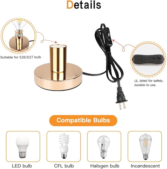 Helunsi Industrial Table Lamp, Gold E26 E27 Base Without Shade, Mini Short Desk Lamp Exposed Bulb, Simple Metal Edison Light Bulb Stand, 5.8ft Cord Switch Plug Holder