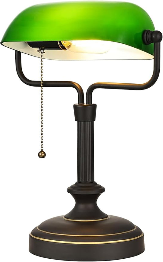 Traditional Banker's Desk Lamp with Glass Shade,Pull Chain Switch, LED Bulb Included (Antique Black+Green)