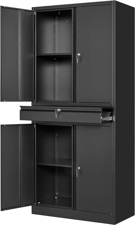 Yizosh Metal Garage Storage Cabinet with Locking Doors and Adjustable Shelves, 71" Tool Storage Cabinet with 1 Drawer for Garage,Warehouse (Black)