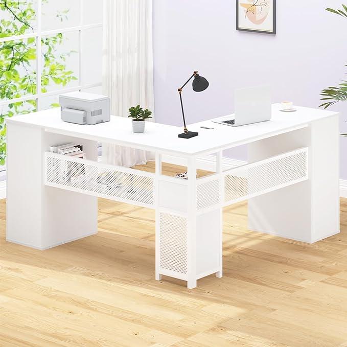 HSH White L Shaped Desk with Drawers Shelves, Large Home Office Corner Computer Desk with Storage File Cabinet, Modern Metal Wood Desk for Executive Writing Study Workstation, 59 Inch Bedroom Table