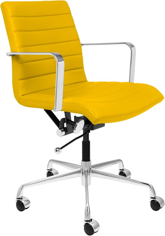 Laura Davidson Furniture SOHO II Ribbed Office Chair - Mid Back Desk Chair, Ergonomically Designed with Arm Rest & Swivel, Made of Faux Leather, Yellow, Computer Chair