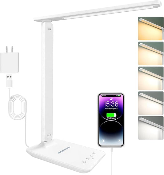 LED Desk Lamp Dimmable Table Lamp with USB Charging Port, 5 Lighting Modes, Sensitive Control, Foldable Portable Desk Light for Home Office Bedroom Reading (White-Pro, Tall Version - 16.73 inch)