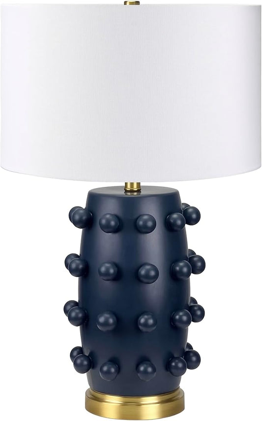Henn&Hart 25.5'' Modern 1-Light Ceramic Table Lamp with Spherical Orbs on Lamp Body with White Fabric Drum Shade for Living Room, Bedroom, or Office, Matte Navy