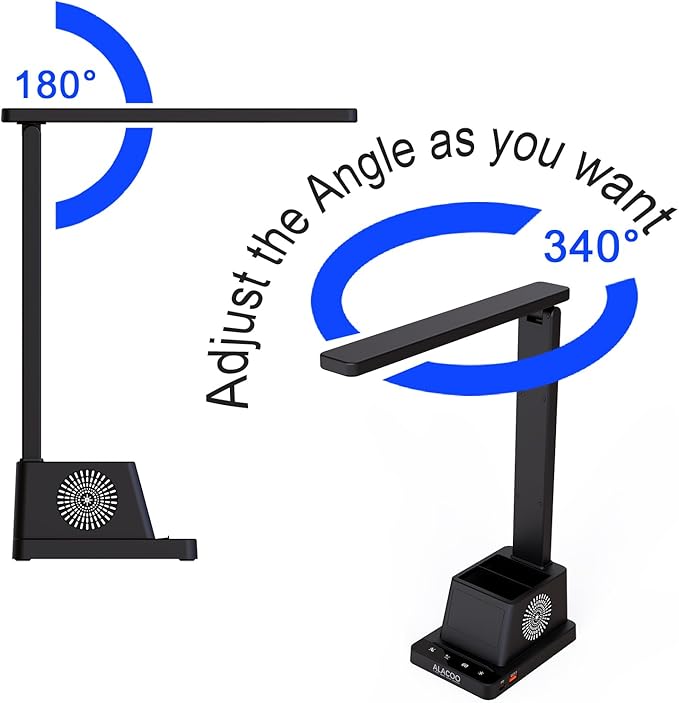 LED Desk Lamp for Office Home, Eye-Caring Desk Light with USB Charging Port & Phone Holder, 3 Color X 4 Brightness, Adjustable Arm, Touch-Control Lamp with RGB Pen Holder for Reading, Bedroom (Black)