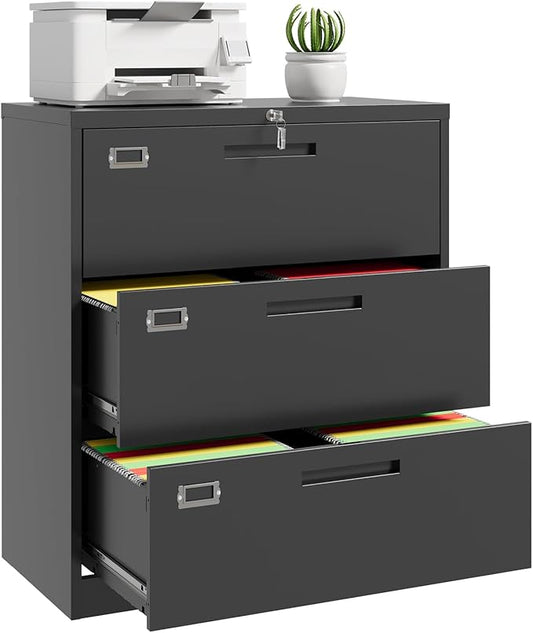 Lateral File Cabinet, Metal Filing Cabinet with Lock, 3 Drawer File Cabinets for Home Office, Office Cabinet for Hanging Files Letter/Legal/F4/A4, Assembly Required, Black