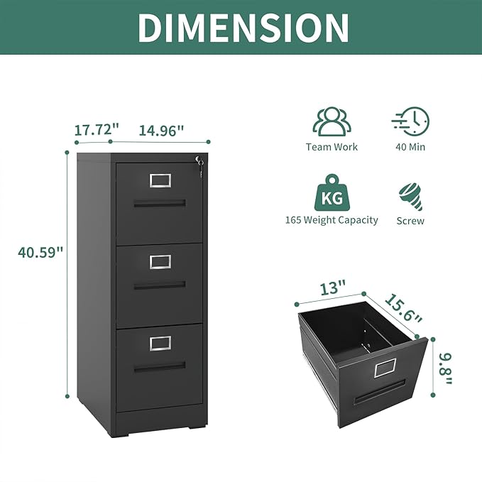 3 Drawer Vertical File Cabinet Home Office Metal Filing Cabinet, D17.7 Locking File Cabinets with Keys, Anti-Tilt Design, Steel Drawer Cabinet for A4/Legal/Letter,Need Assemble (Black)