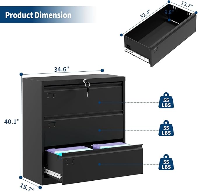 3 Drawer Lateral File Cabinet with Lock and Keys, Metal Lateral Filing Cabinet Storage, Fit Letter/Legal/A4 Size Documents, for Home Office Workspaces