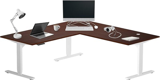 Progressive Desk Height Adjustable Electric Standing Desk - L Shaped 72" x 72" Computer Stand Up Rising Workstation Corner Table - White Frame, Dark Cherry Top