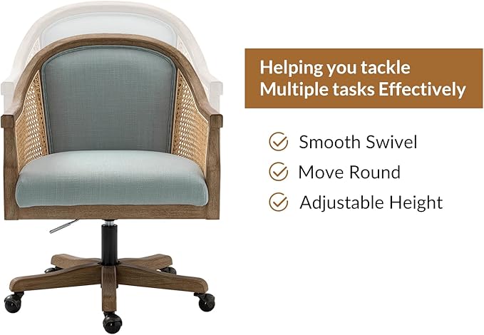 TINA'S HOME Rattan Desk Chair, Wood Upholstered Home Office Chair with Armrest, Adjustable Swivel Rolling Height Computer Task Chair for Living Room Bedroom Study Room, Blue