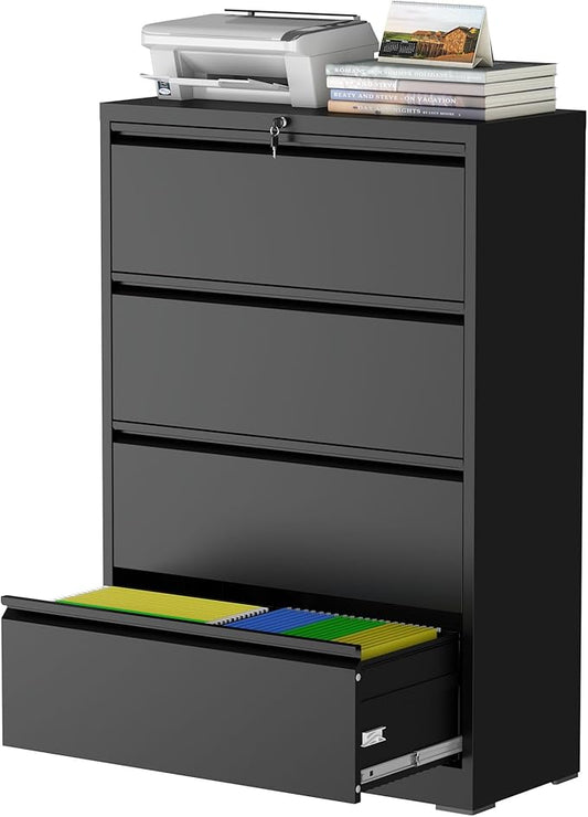 4 Drawer Lateral File Cabinet with Lock, Metal File Cabinet, Lateral File Cabinets for Home Office, Heavy Duty File Storage Cabinet for Legal/Letter/A4 Document, Assembly Required, Black