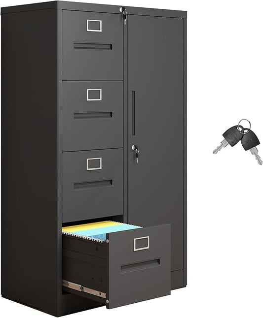 4 Drawer File Cabinet with 1 Door,Metal Storage Locker Cabinets for Employees,Home Office Black Filing Cabinets for Legal/Letter Size Files,Assembly Required