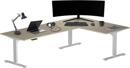 Progressive Desk Stand Up Height Adjustable Standing Desk - L Shaped 83" x 55" Corner Computer Rising Workstation Electric Table - Gray Frame, Bright Beech Top