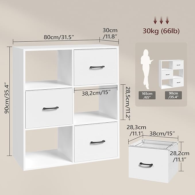 White Filing Cabinet, 3-Drawer Vertical File Cabinet, 3 Tier Bookshelf, Modern Lateral Office Cabinet, Office Storage with Adjustable Hanging Rods for A4/Letter Files, White FCWT9001