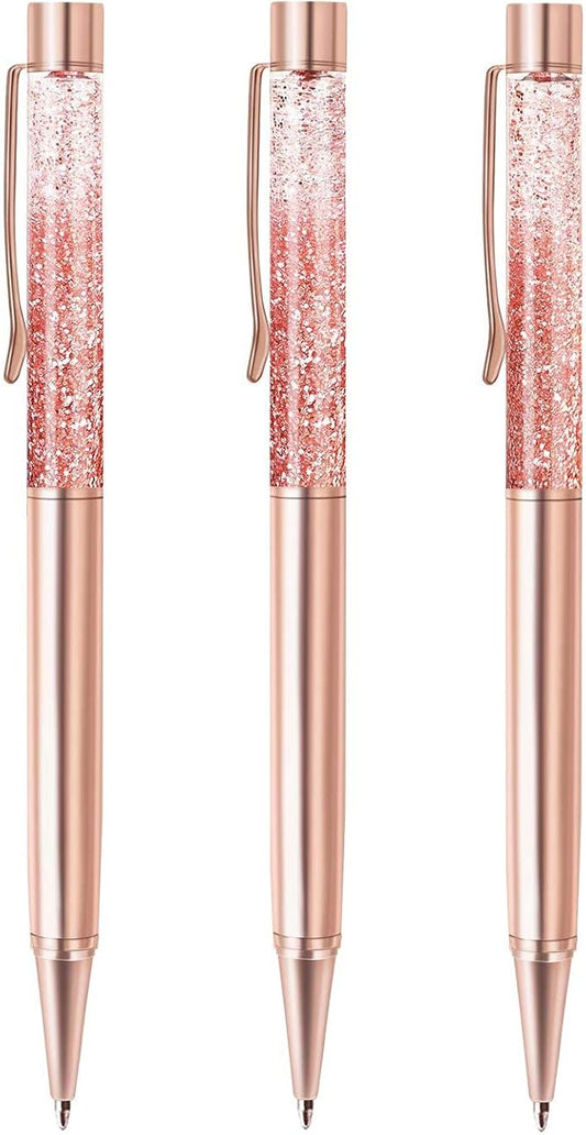 ZZTX 3 Pcs Rose Gold Ballpoint Pens Metal Pen Bling Dynamic Liquid Sand Pen Pretty Pens With Refills Black Ink Office Supplies Gift Pens For Christmas Wedding Birthday