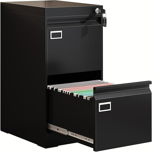 2 Drawer Metal File Cabinet with Lock, Black Locked Filing Cabinets, Vertical Small File Cabinet with Key, Under Desk Filing Cabinets for Home Office