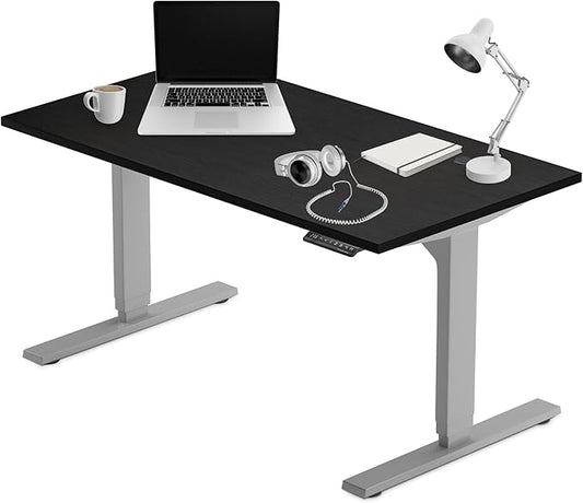 Progressive Desk Stand Up Adjustable Height Electric Standing Desk - 60"x30" Dual Motor, Computer Workstation Sit Stand Table for Home Office - Ebony Oak, Gray Frame