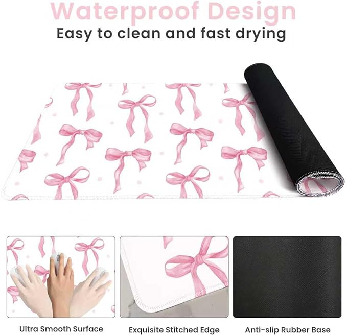 Large Mouse Pad, Pink Bow Desk Mat Gaming Mouse Pad 31.5 x 11.8in for Laptop Computer PC, Non-Slip Rubber Base Cute Bows Mousepad Office Accessories Desktop Decor Bow Coquette Mat for Girls