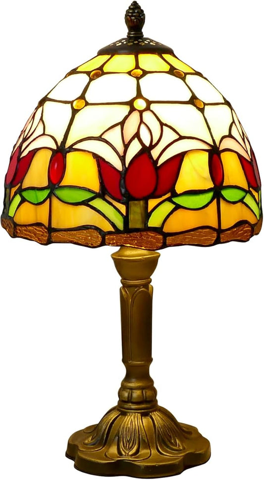 Tiffany Lamp Tulips Flower Stained Glass Table Lamp 8x8x14 Inches Flower Style Desk Reading Light Decor for Beside Bedroom Living Room Home Office with LED Bulb