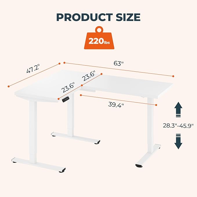 L-Shaped Standing Desk, 63 x 47 Inches Height Adjustable Desk, Sit and Stand up for Work Office Home, Ergonomic Rising Computer Table for Home Office with Splice Board, White
