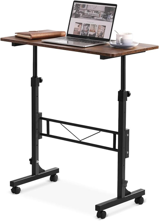 Small Standing Desk Adjustable Height, Mobile Stand Up Desk with Wheels, 32 Inch Portable Rolling Desks for Walking Pad Treadmill Wood Rustic