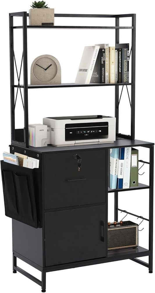 Vertical File Cabinet,Filing Cabinet with Shelves,Charging Station,Hanging Pouch and Hooks,Vertical Filing Cabinet Fits Letter/A4/Legal Size (Black)