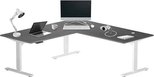 Progressive Desk Height Adjustable Electric Standing Desk - L Shaped 72" x 72" Computer Stand Up Rising Workstation Corner Table - White Frame, Gray Oak Top
