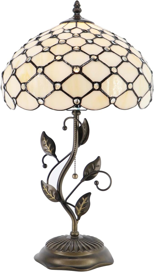 Tiffany Table Lamp, Stained Glass Style Desk Lamp, 12X12X19 Inch,Bedside Reading Light, Metal Leaf Base (Cream Bead Style)