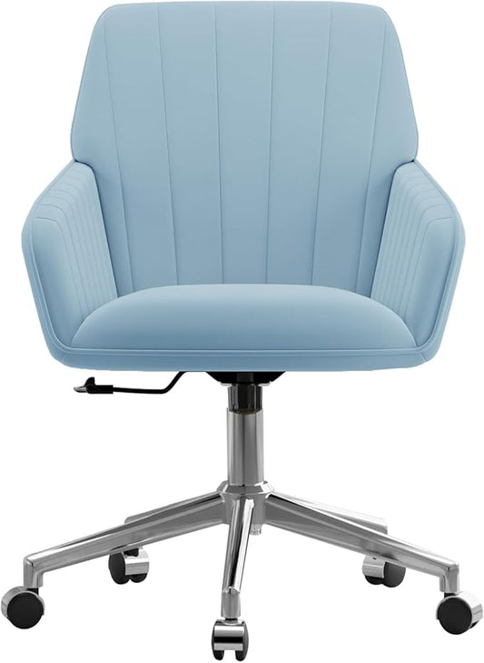 YISHENG Velvet Office Desk Chair with Silver Base, with Wheels,Modern Height Adjustable 360 Degree Swivel Upholstered Vanity Chairs with Arms for Living Room Bedroom,Light Blue