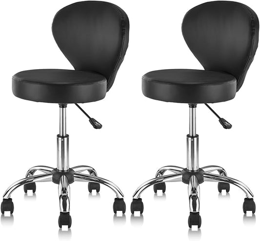 Pu Leather Round Rolling Swivel Salon Stool Chair, with Adjustable Height and Back Support for Office Massage Facial Spa Medical Drafting Tattoo Beauty Barber Black 2PK