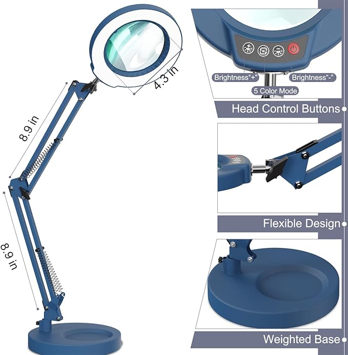 10X Magnifying Glass with Light and Stand, Upgrade Button 5 Color Modes Stepless Dimmable, 2-in-1 LED Lighted Magnifier Light, Hands Free Desk Lamp with Clamp for Craft Hobby Close Work - Blue