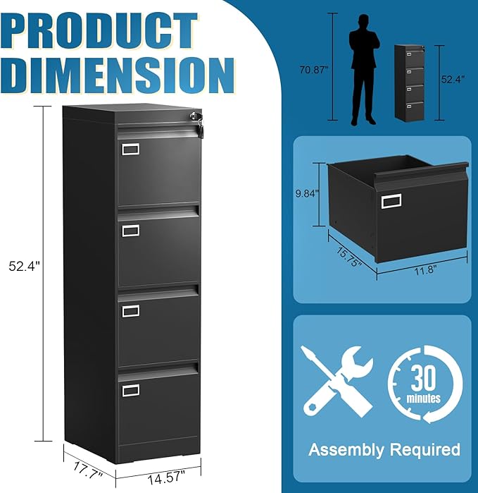 4 Drawer File Cabinet with Lock, Metal Vertical Filing Storage Cabinet, Black Filing Cabinets for Home Office, Narrow File Cabinet Locked for A4/F4/Letter/Legal, Easy Assemble