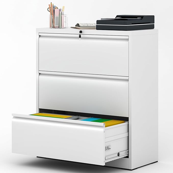 AQY 3 Drawer File Cabinet with Lock,Metal Lateral File Cabinets for Home Office,Steel Wide Filing Organization Storage Cabinets for Hanging Files Letter/Legal/F4/A4 Size Assembly Required(White)