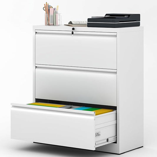 AQY 3 Drawer File Cabinet with Lock,Metal Lateral File Cabinets for Home Office,Steel Wide Filing Organization Storage Cabinets for Hanging Files Letter/Legal/F4/A4 Size Assembly Required(White)