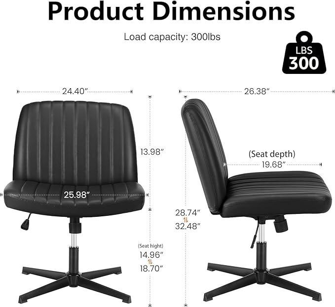 DUMOS Desk Chair No Wheels, Criss Cross Chair Wide Cross Legged Office Desk Vanity Chair, PU Leather Armless Adjustable Swivel Chairs for Home Computer Task Black