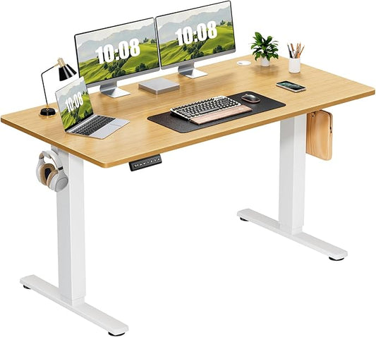 Sweetcrispy Electric Adjustable Height Standing Desk - 55 x 24 inch Sit to Stand Up Desk with Splice Board, Rising Home Office Computer Table with 2 Hook and Wire Hole for Work