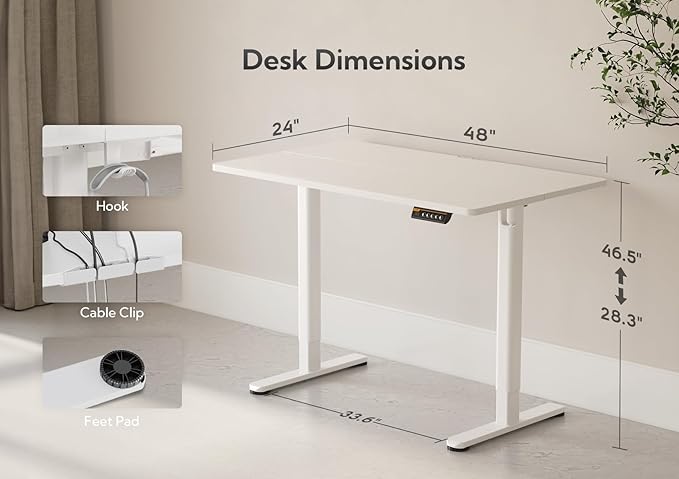 Claiks Electric Standing Desk, Adjustable Height Stand up Desk, 48x24 Inches Sit Stand Home Office Desk with Splice Board, White Frame/White Top