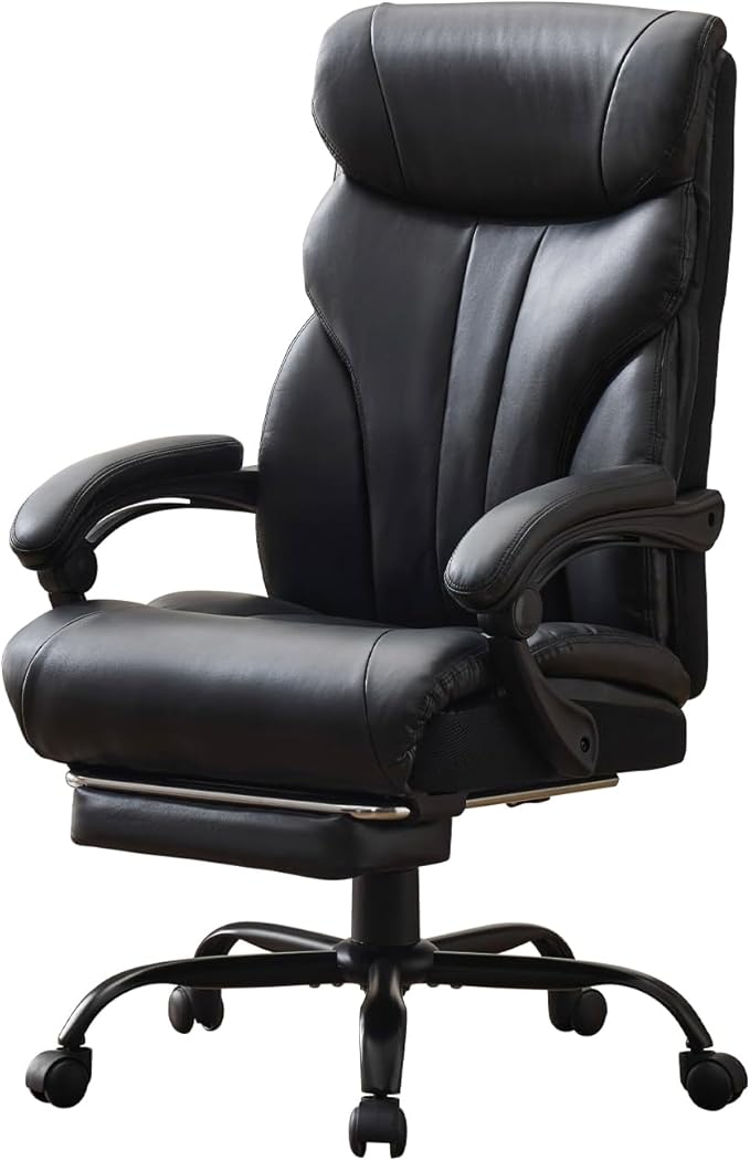 Leather Home Office Chair with Foot Rest,500lbs Big and Tall Ergonomic Desk Chair,360°Swivel Free,90°-155°Recline,43"- 47" Height Adjustable,Silent 360° Casters for Home Office Computer Desk