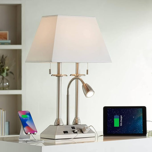 Possini Euro Design Dexter Modern Table Lamp 26" High with USB and AC Power Outlet in Base Brushed Nickel LED Reading Light White Linen Shade for Bedroom Living Room House Desk Bedside Nightstand